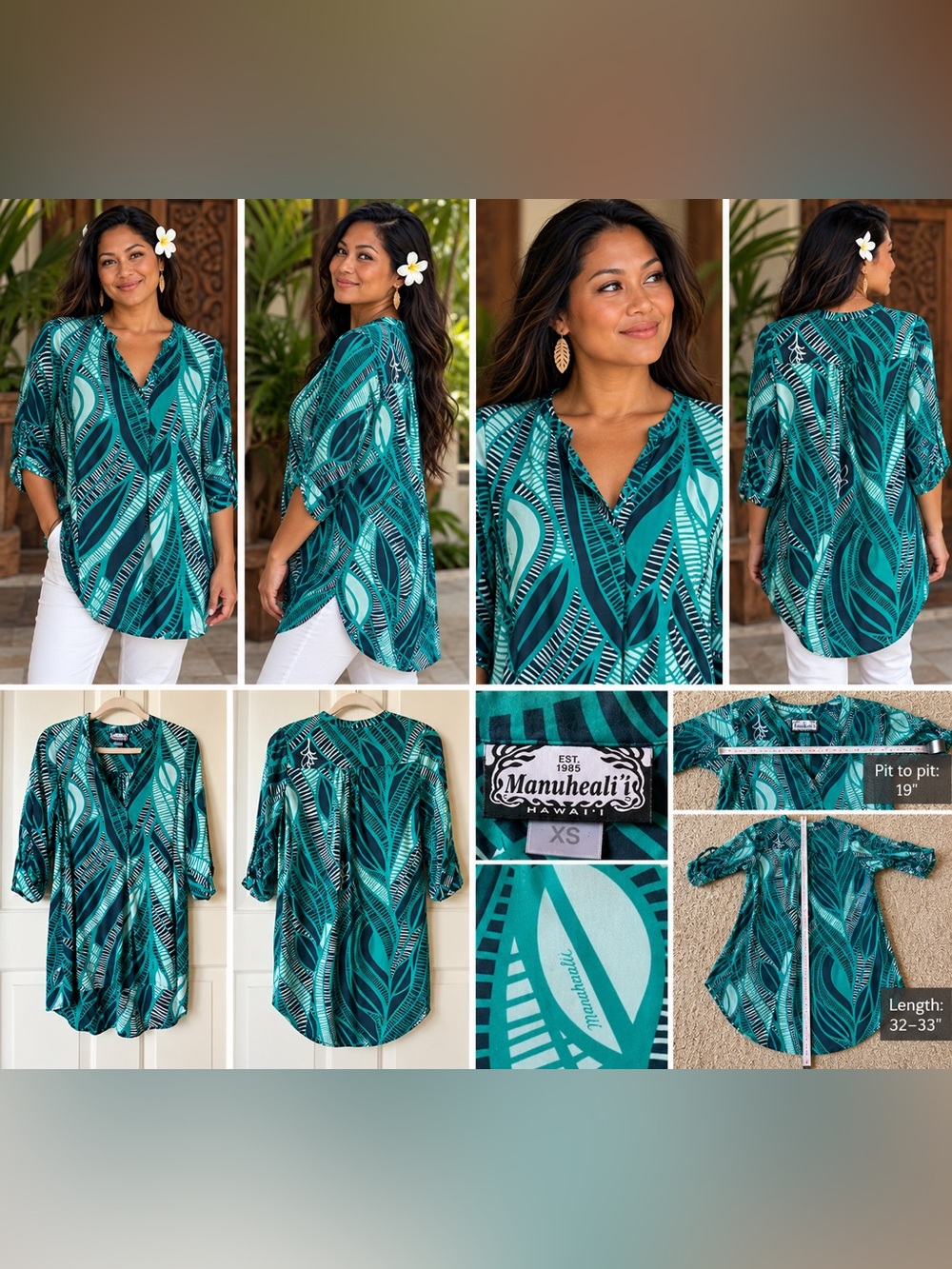 Manuhealii Teal & Aqua Leaf-Print Tunic Blouse